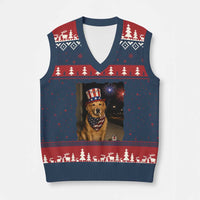 Patriotic Smoking Golden Retriever V-Neck Knit Sweater Vest Funny Dog Lover Dad 4th Of July