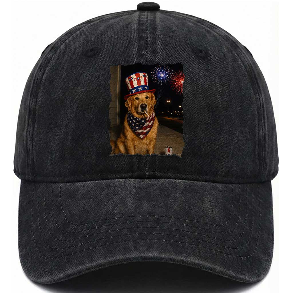 Patriotic Smoking Golden Retriever Washed Cotton Baseball Cap Funny Dog Lover Dad 4th Of July