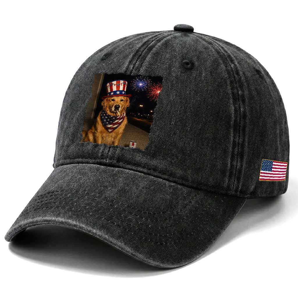 Patriotic Smoking Golden Retriever Washed Cotton Baseball Cap Funny Dog Lover Dad 4th Of July