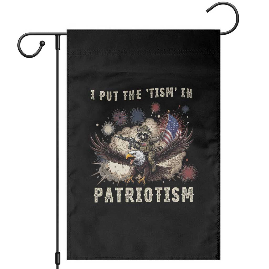 I Put The Tism in Patriotism Garden Flag Retro Eagle Raccoon USA Flag