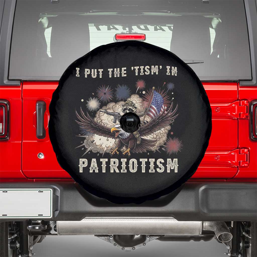 I Put The Tism in Patriotism Spare Tire Cover Retro Eagle Raccoon USA Flag