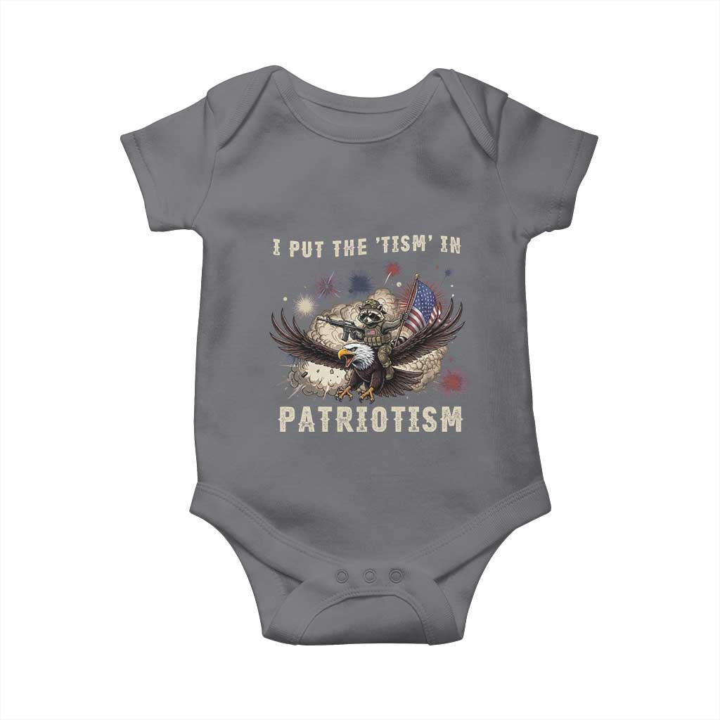 I Put The Tism in Patriotism Baby Onesie Retro Eagle Raccoon USA Flag