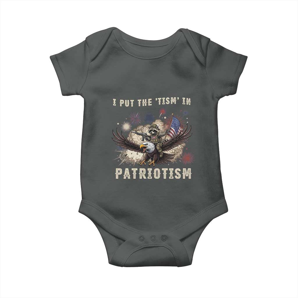 I Put The Tism in Patriotism Baby Onesie Retro Eagle Raccoon USA Flag