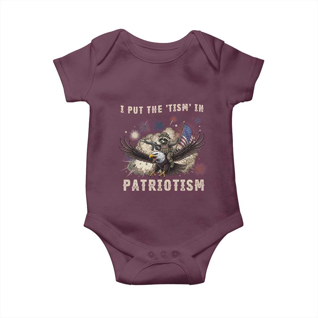 I Put The Tism in Patriotism Baby Onesie Retro Eagle Raccoon USA Flag