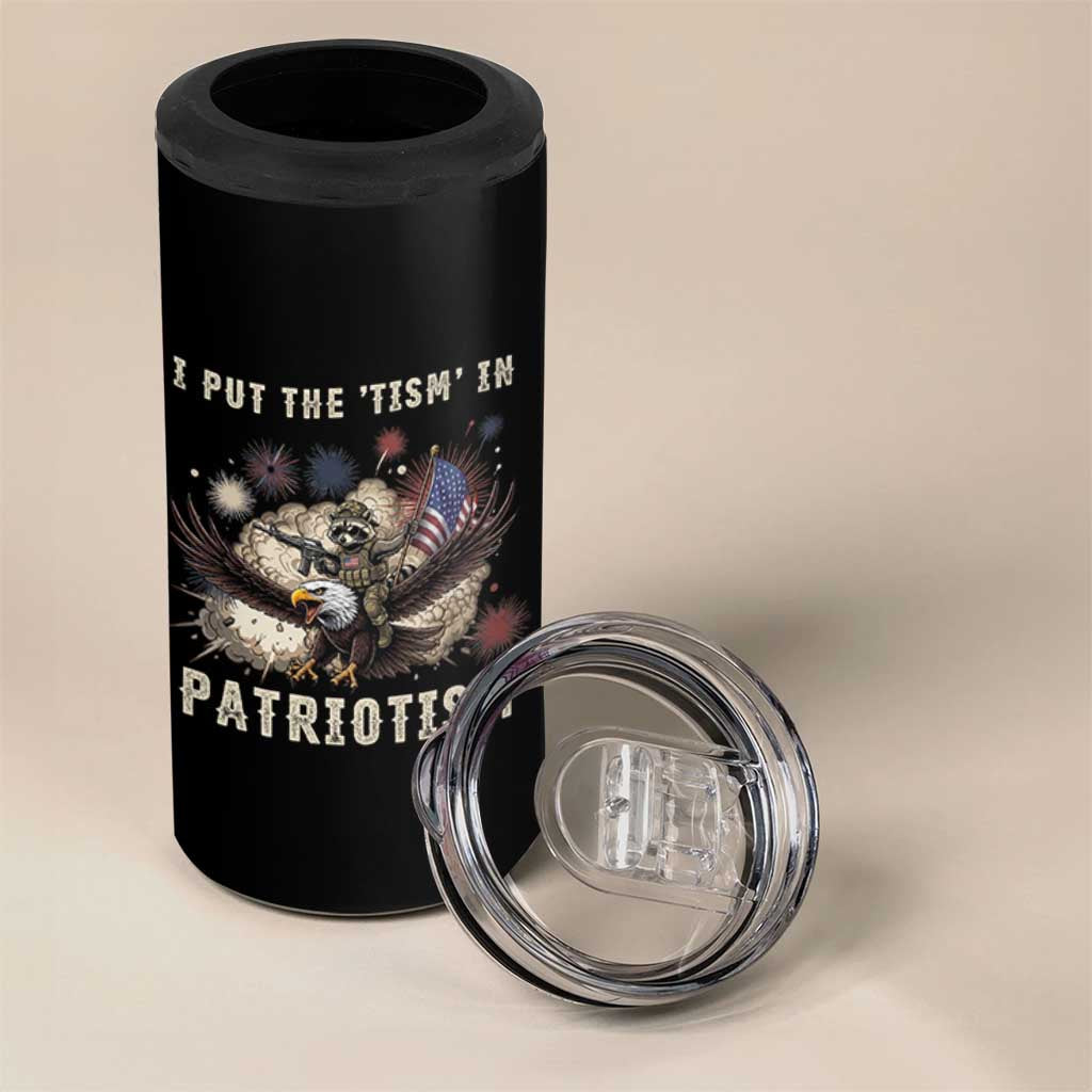 I Put The Tism in Patriotism 4 in 1 Can Cooler Tumbler Retro Eagle Raccoon USA Flag