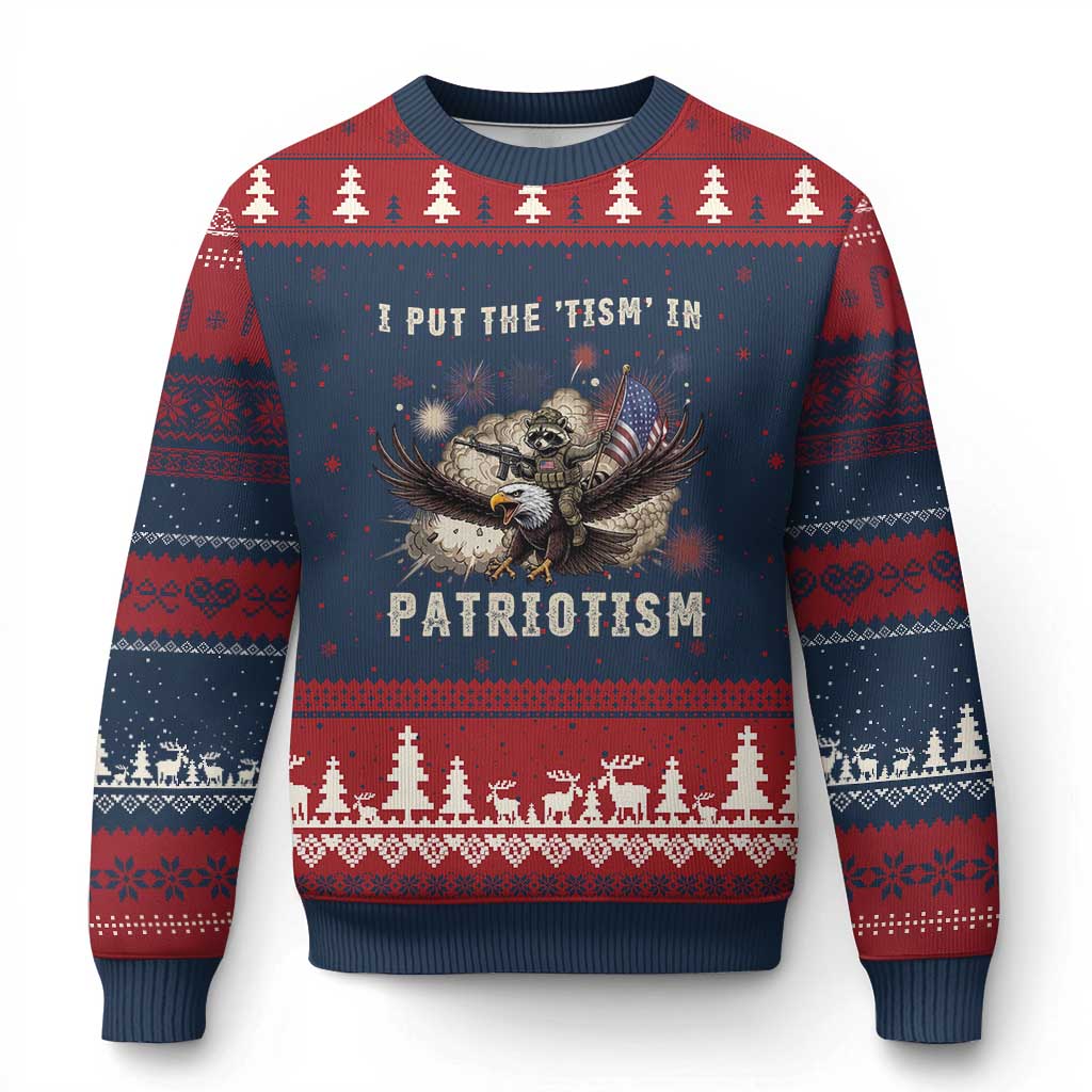 I Put The Tism in Patriotism Ugly Christmas Sweater Retro Eagle Raccoon USA Flag