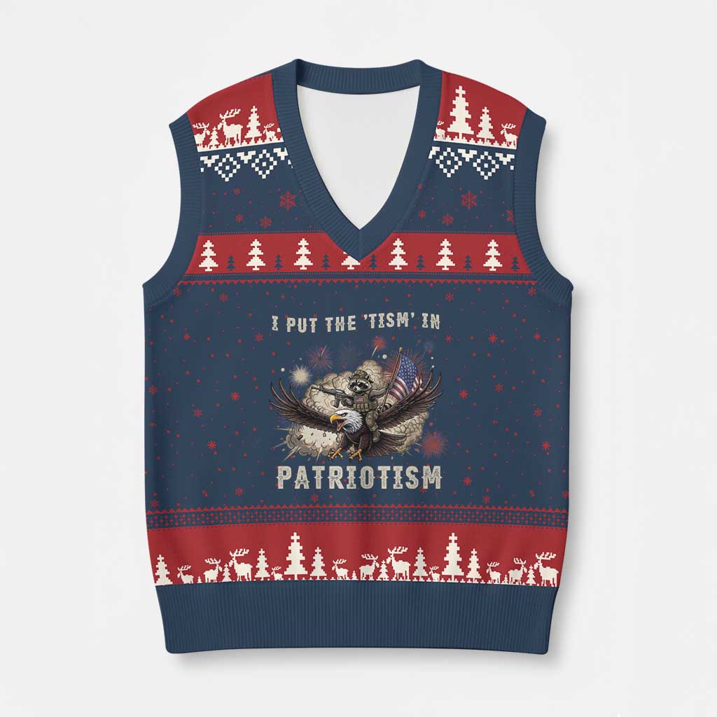 I Put The Tism in Patriotism V-Neck Knit Sweater Vest Retro Eagle Raccoon USA Flag