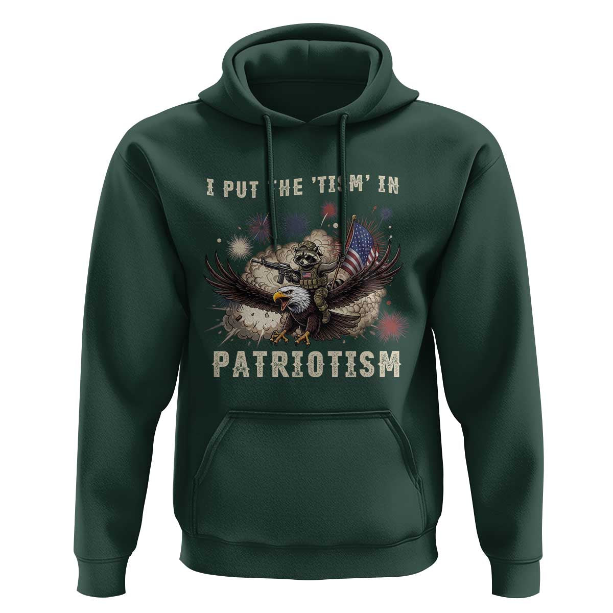 I Put The Tism in Patriotism Hoodie Retro Eagle Raccoon USA Flag