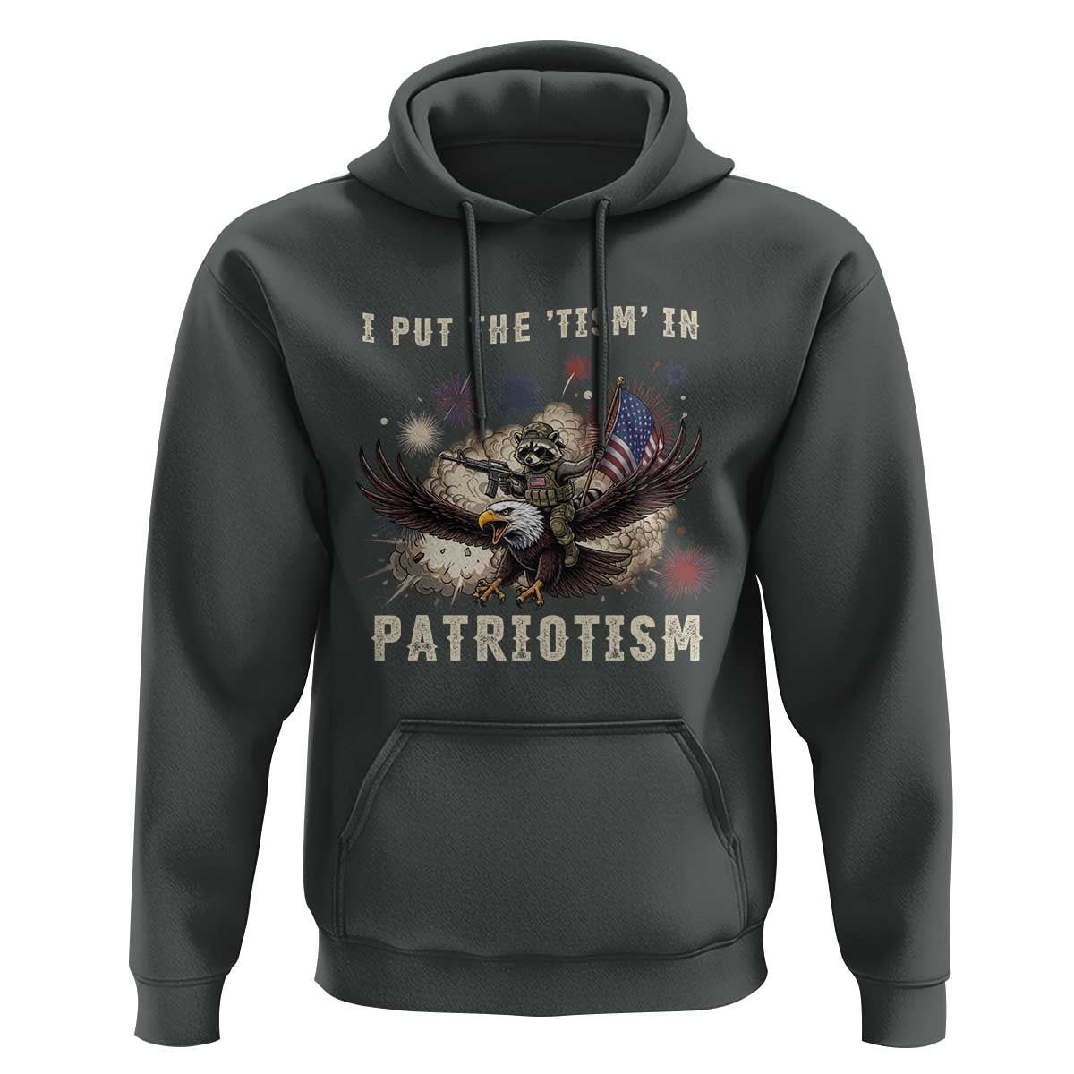 I Put The Tism in Patriotism Hoodie Retro Eagle Raccoon USA Flag