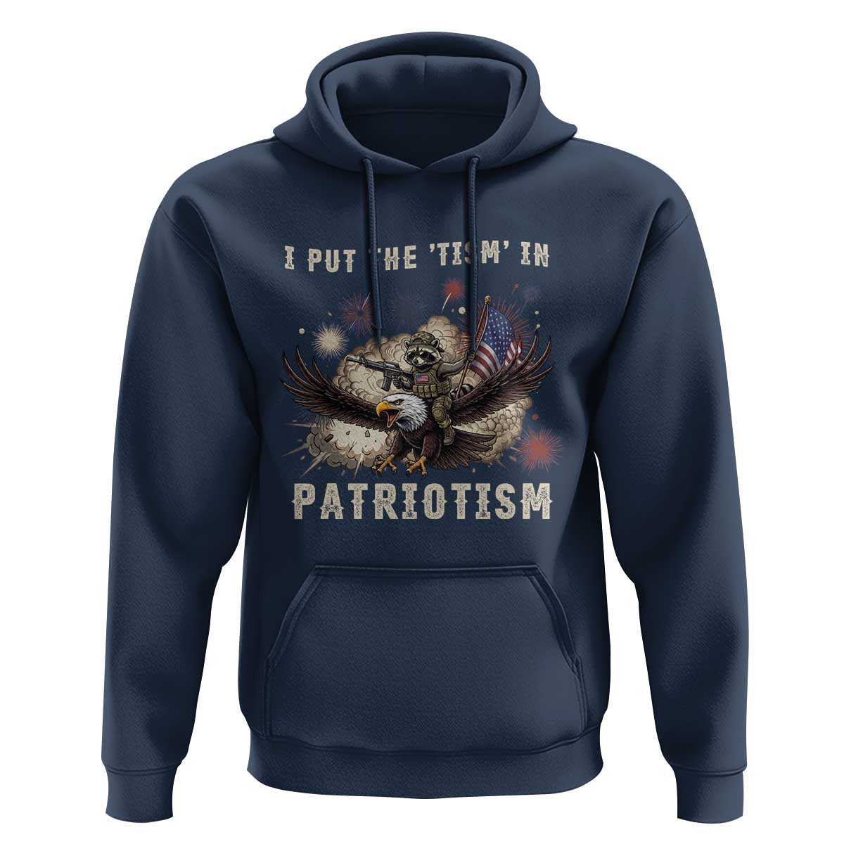 I Put The Tism in Patriotism Hoodie Retro Eagle Raccoon USA Flag
