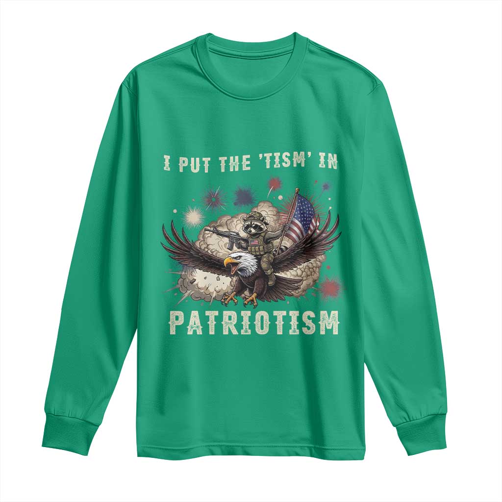 I Put The Tism in Patriotism Long Sleeve Shirt Retro Eagle Raccoon USA Flag