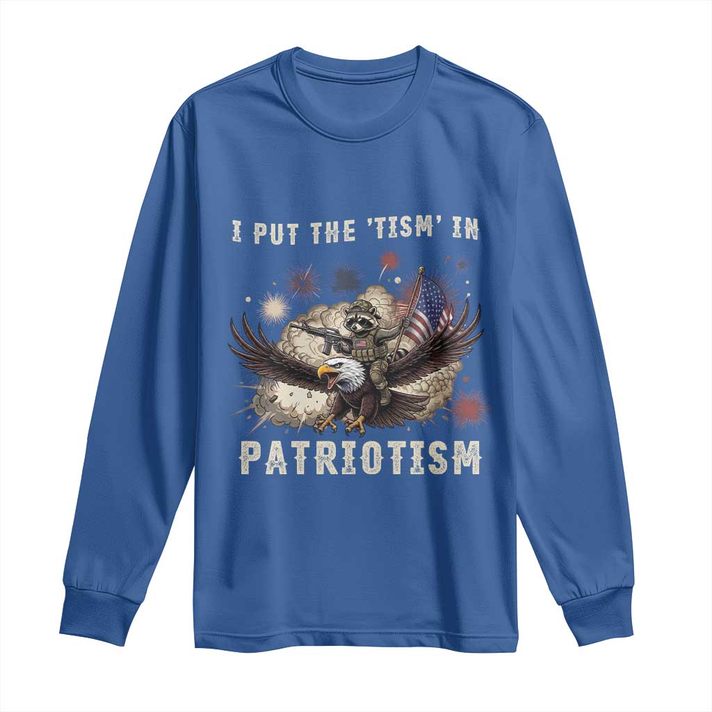 I Put The Tism in Patriotism Long Sleeve Shirt Retro Eagle Raccoon USA Flag