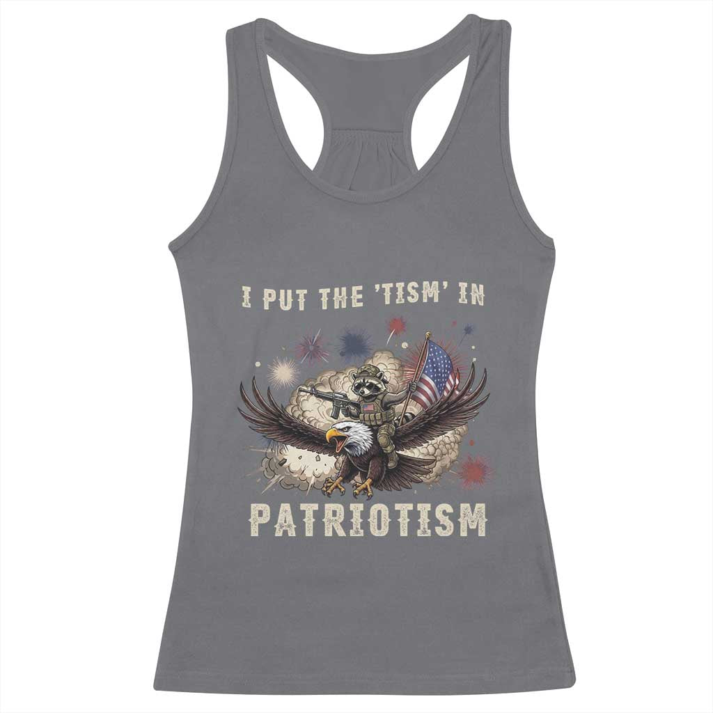 I Put The Tism in Patriotism Racerback Tank Top Retro Eagle Raccoon USA Flag
