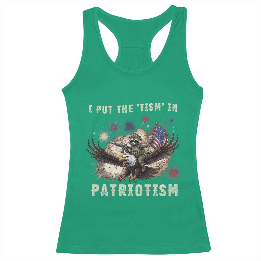 I Put The Tism in Patriotism Racerback Tank Top Retro Eagle Raccoon USA Flag