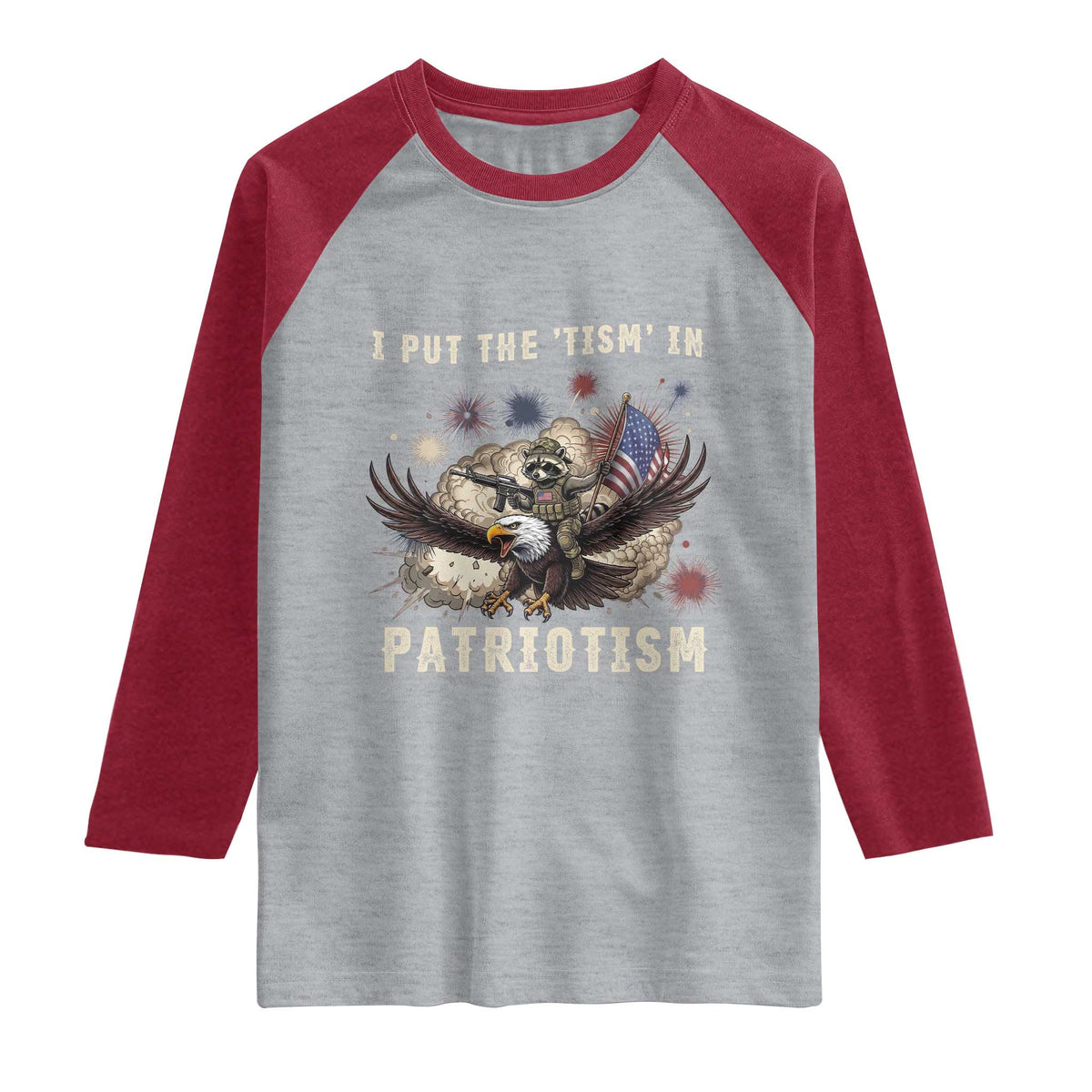 I Put The Tism in Patriotism Raglan Shirt Retro Eagle Raccoon USA Flag