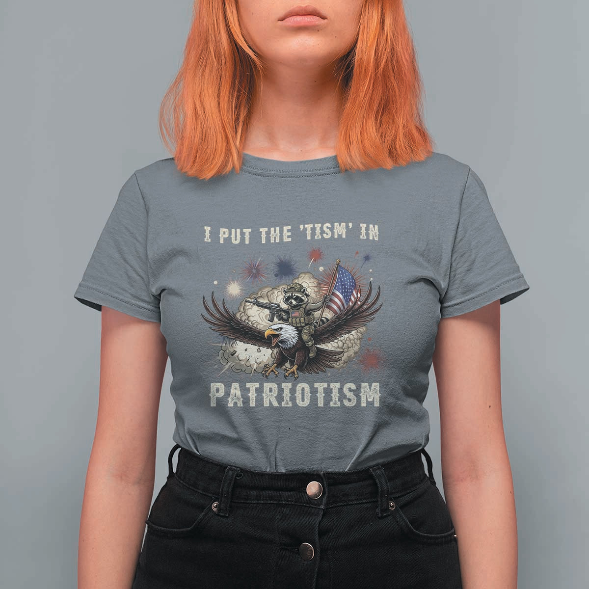 I Put The Tism in Patriotism T Shirt For Women Retro Eagle Raccoon USA Flag