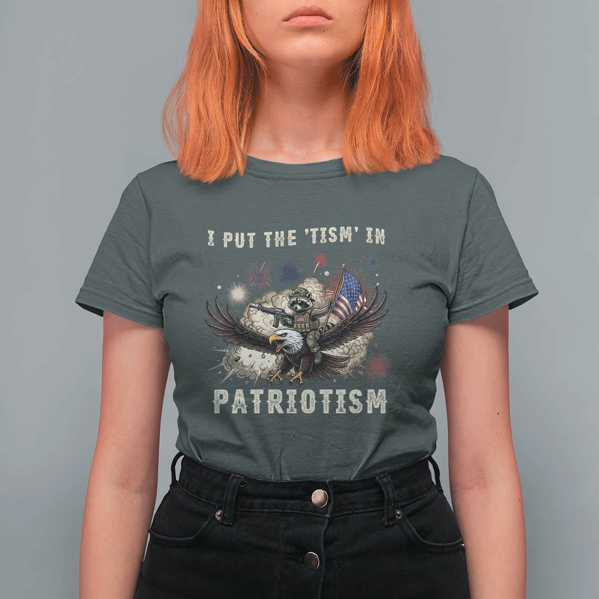 I Put The Tism in Patriotism T Shirt For Women Retro Eagle Raccoon USA Flag