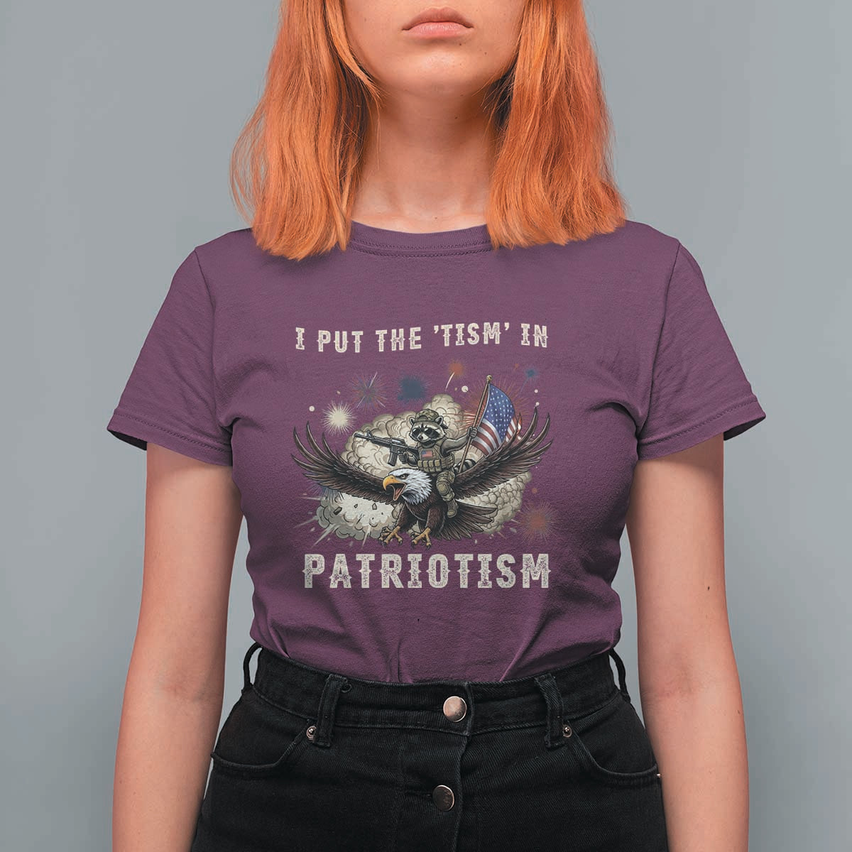 I Put The Tism in Patriotism T Shirt For Women Retro Eagle Raccoon USA Flag