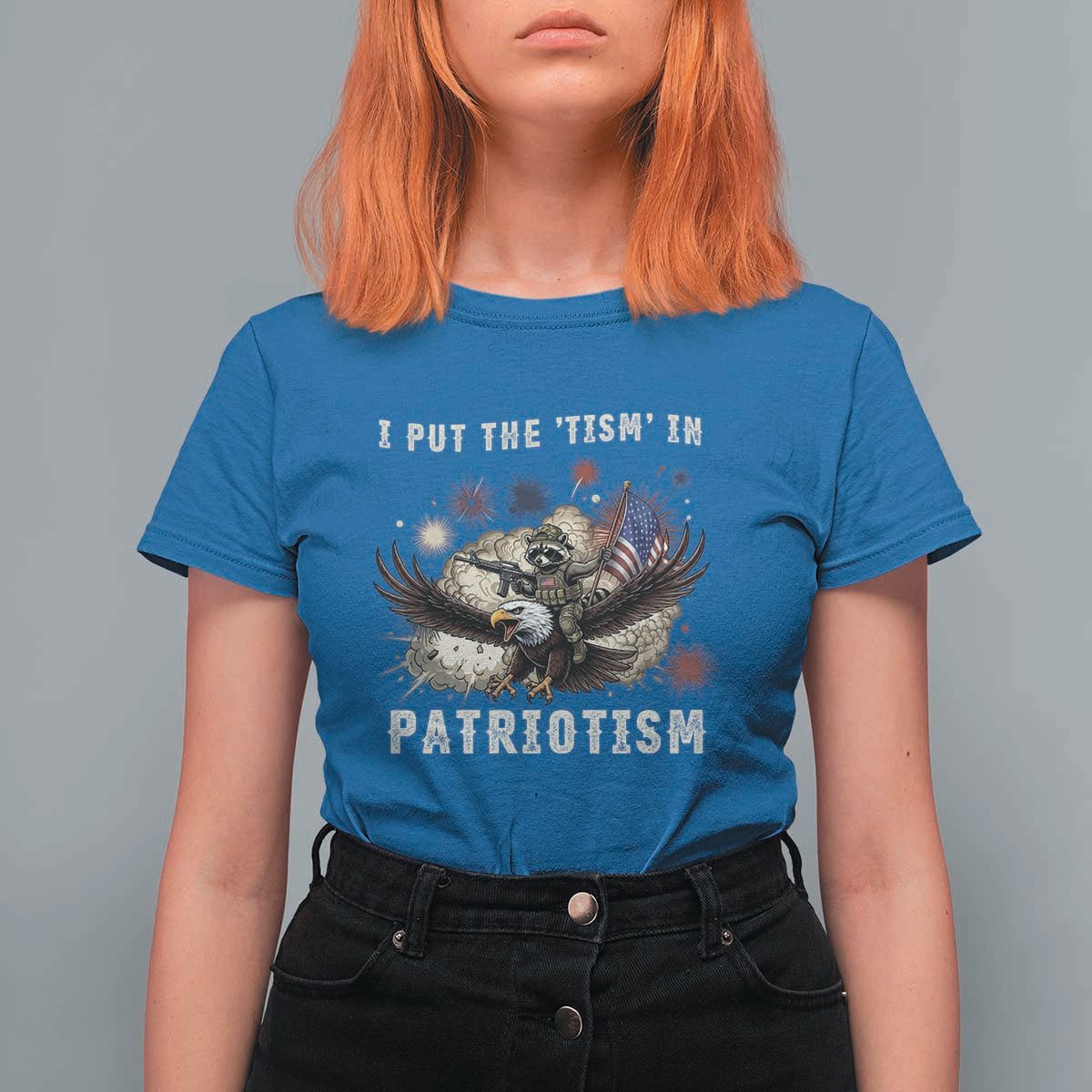 I Put The Tism in Patriotism T Shirt For Women Retro Eagle Raccoon USA Flag