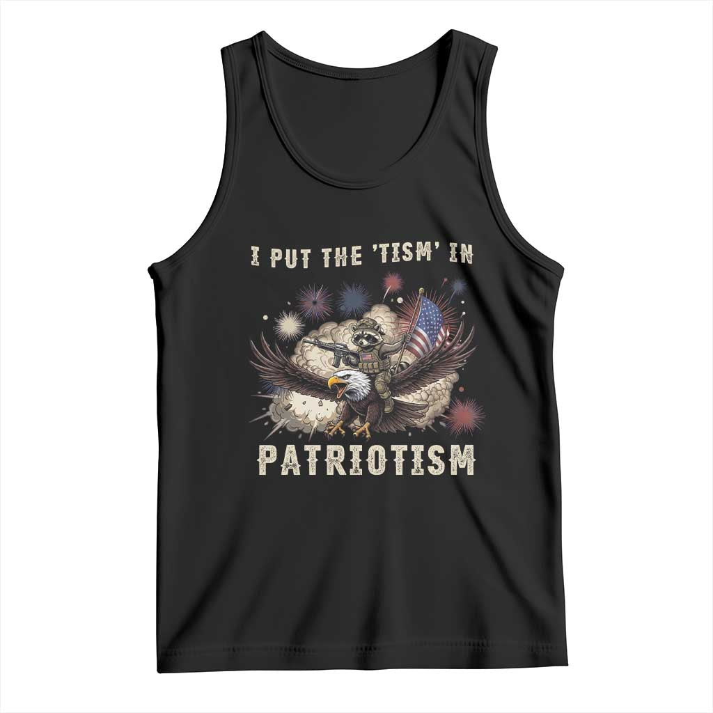 I Put The Tism in Patriotism Tank Top Retro Eagle Raccoon USA Flag