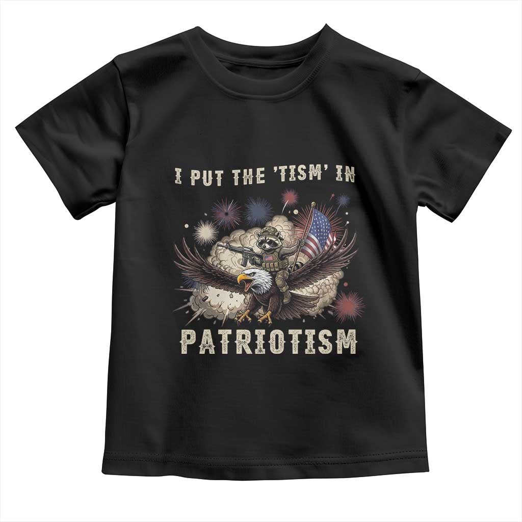 I Put The Tism in Patriotism Toddler T Shirt Retro Eagle Raccoon USA Flag