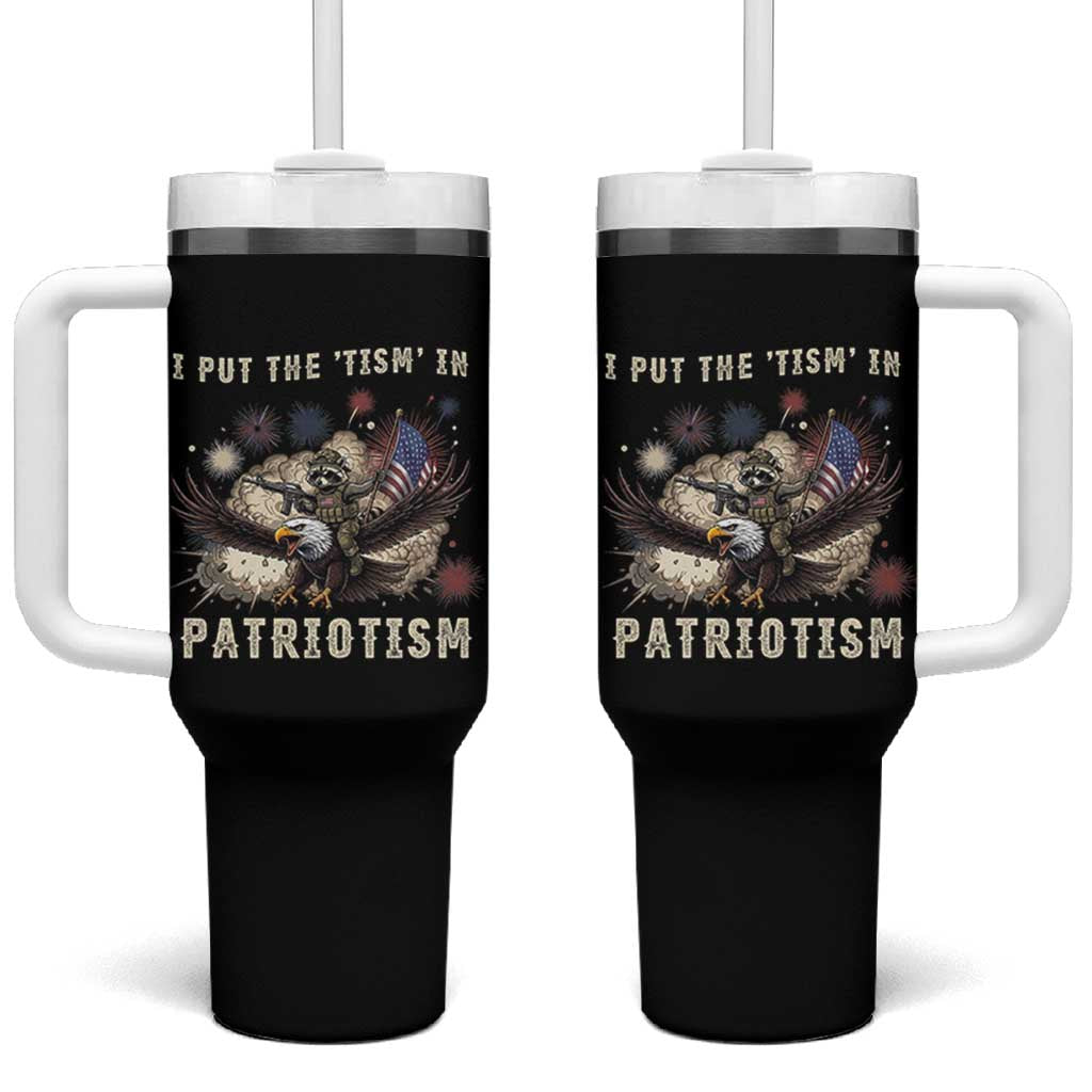I Put The Tism in Patriotism Tumbler With Handle Retro Eagle Raccoon USA Flag