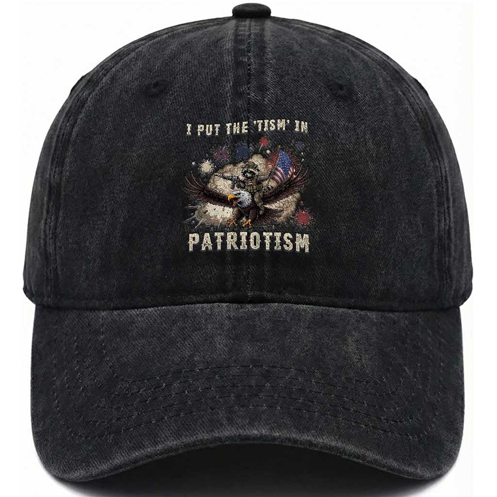 I Put The “Tism” in Patriotism Washed Cotton Baseball Cap Retro Eagle Raccoon USA Flag