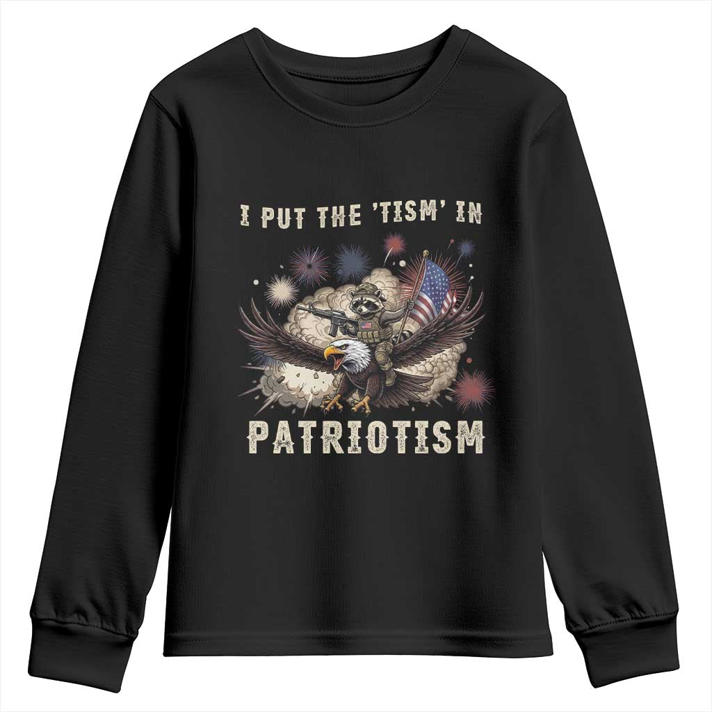 I Put The Tism in Patriotism Youth Sweatshirt Retro Eagle Raccoon USA Flag