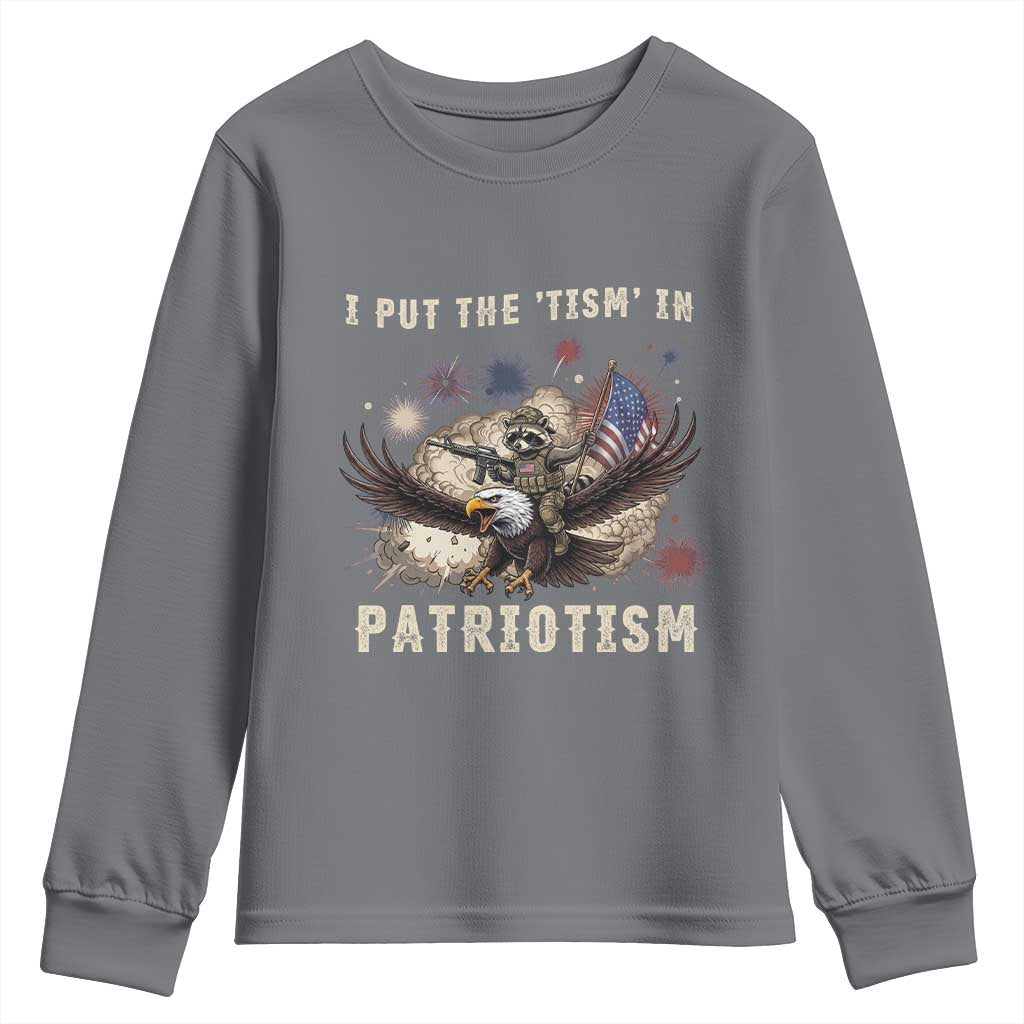 I Put The Tism in Patriotism Youth Sweatshirt Retro Eagle Raccoon USA Flag