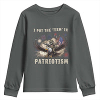 I Put The Tism in Patriotism Youth Sweatshirt Retro Eagle Raccoon USA Flag