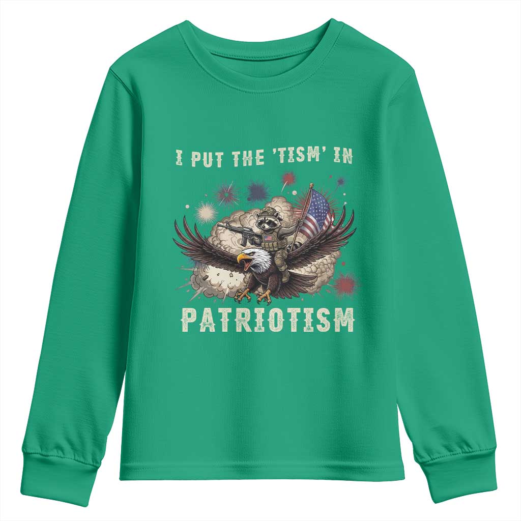 I Put The Tism in Patriotism Youth Sweatshirt Retro Eagle Raccoon USA Flag