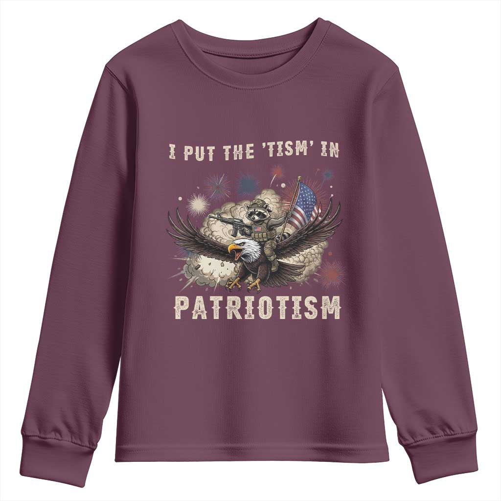 I Put The Tism in Patriotism Youth Sweatshirt Retro Eagle Raccoon USA Flag