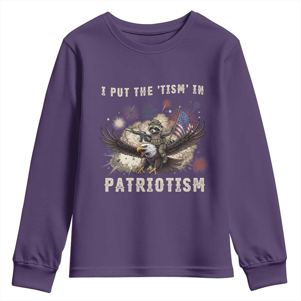I Put The Tism in Patriotism Youth Sweatshirt Retro Eagle Raccoon USA Flag