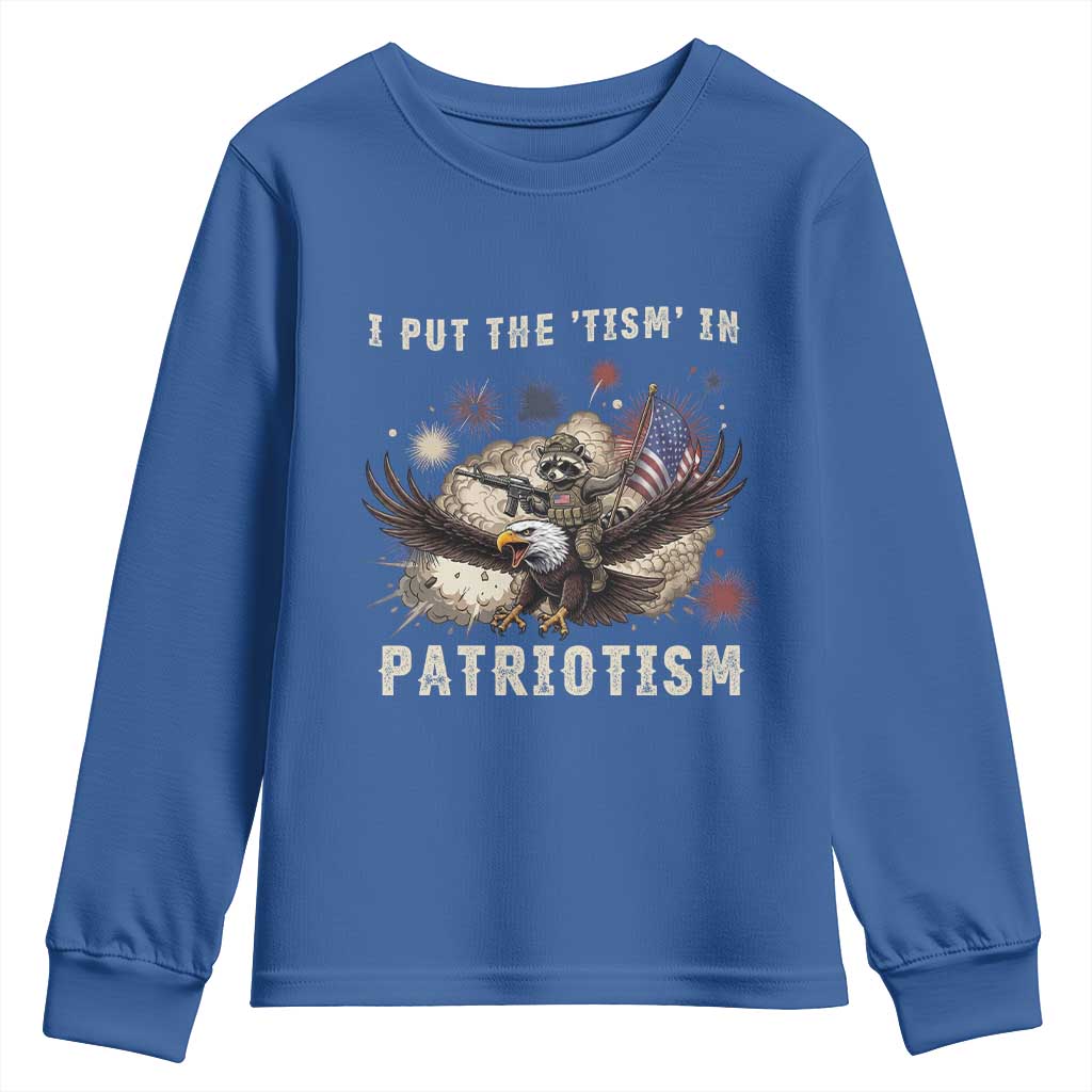 I Put The Tism in Patriotism Youth Sweatshirt Retro Eagle Raccoon USA Flag