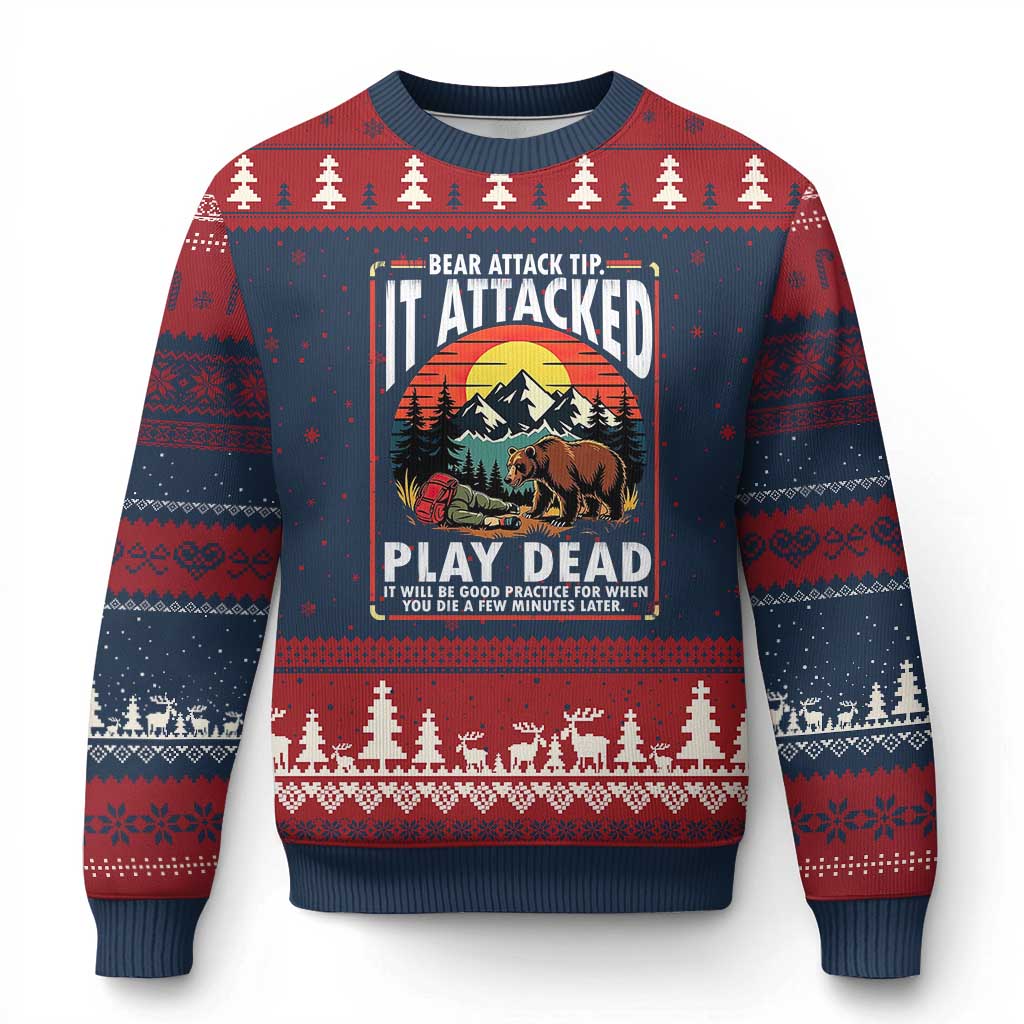 Funny Camping Hiking Sarcastic Ugly Christmas Sweater Bear Attack Tip - Wonder Print Shop