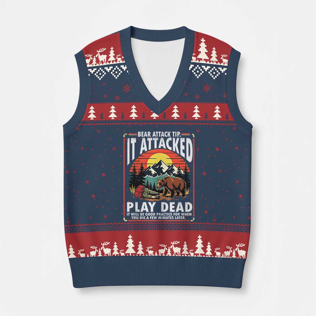 Funny Camping Hiking Sarcastic V-Neck Knit Sweater Vest Bear Attack Tip - Wonder Print Shop