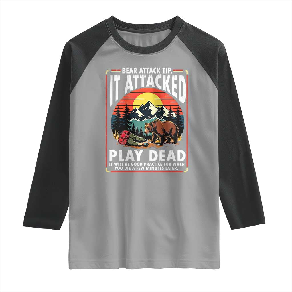 Funny Camping Hiking Sarcastic Raglan Shirt Bear Attack Tip - Wonder Print Shop