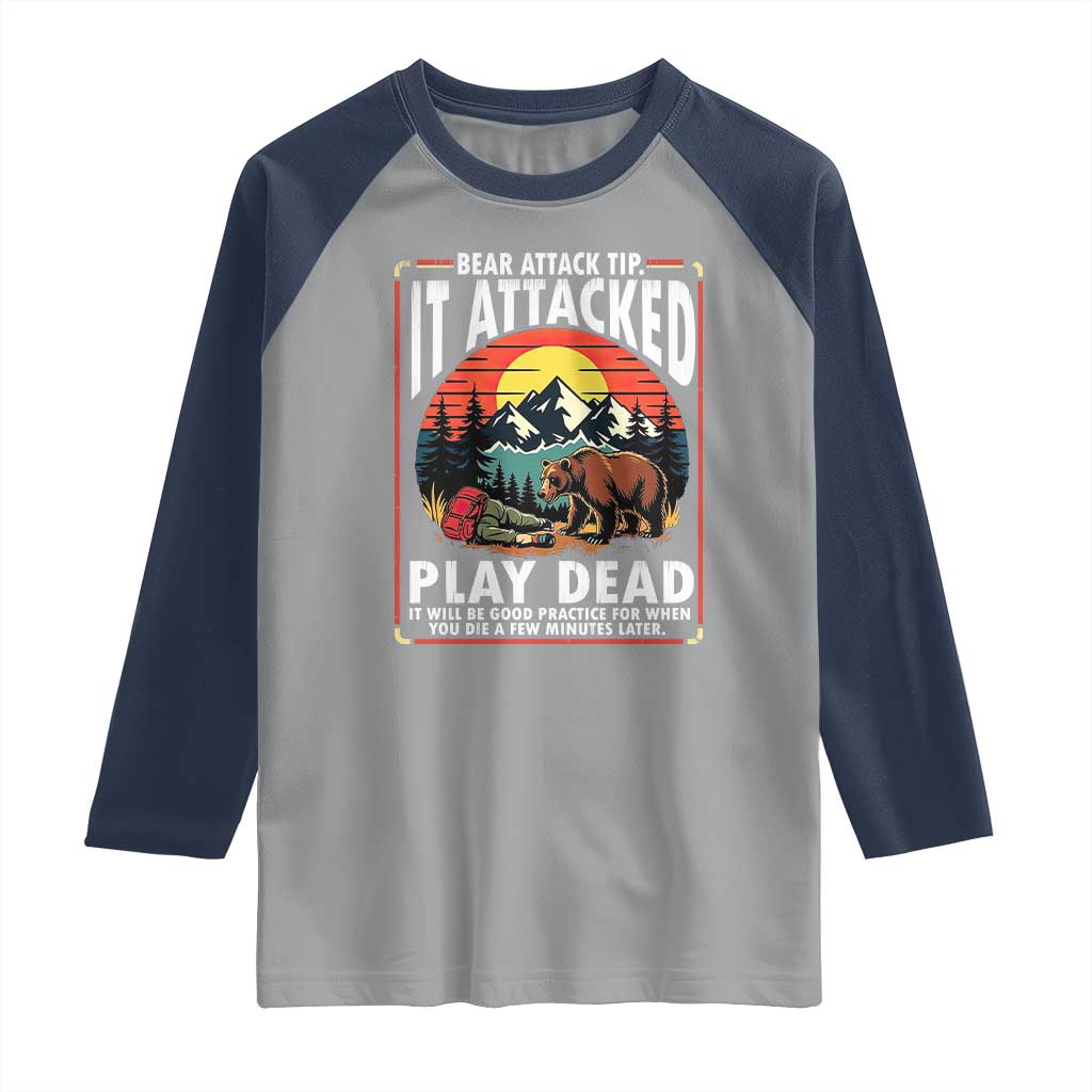 Funny Camping Hiking Sarcastic Raglan Shirt Bear Attack Tip - Wonder Print Shop