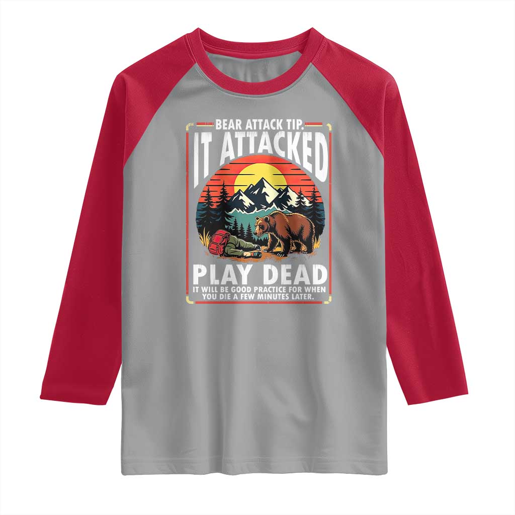 Funny Camping Hiking Sarcastic Raglan Shirt Bear Attack Tip - Wonder Print Shop
