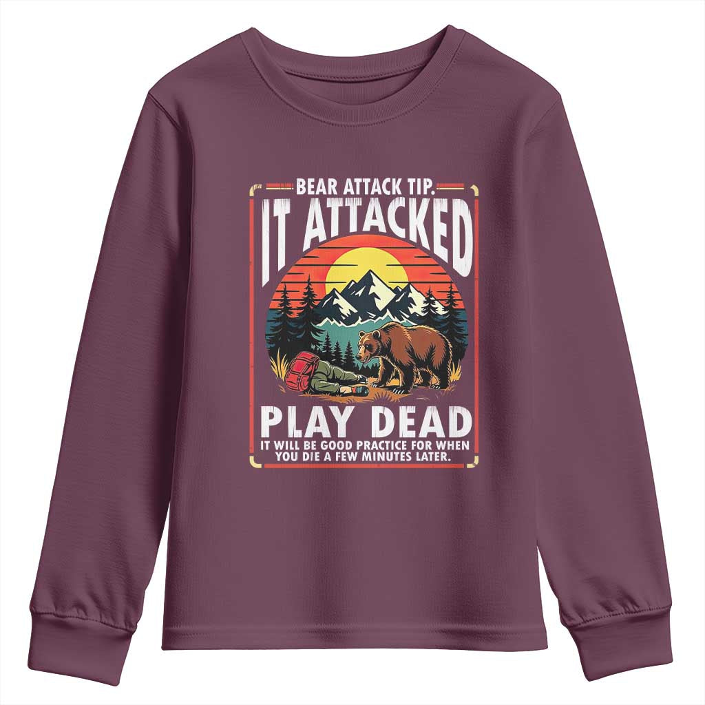 Funny Camping Hiking Sarcastic Youth Sweatshirt Bear Attack Tip - Wonder Print Shop