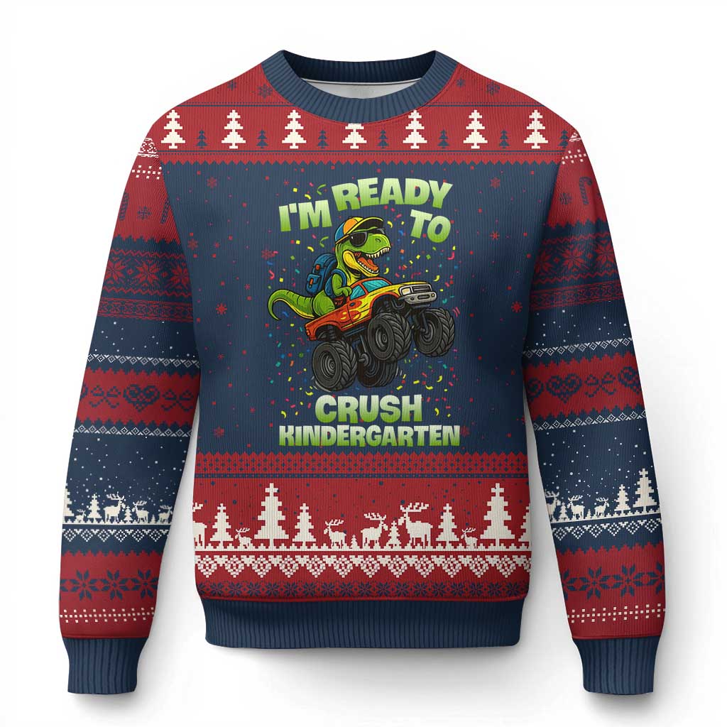 Back To School Boy Dinosaur Ugly Christmas Sweater I Am Ready To Crush Kindergarten - Wonder Print Shop
