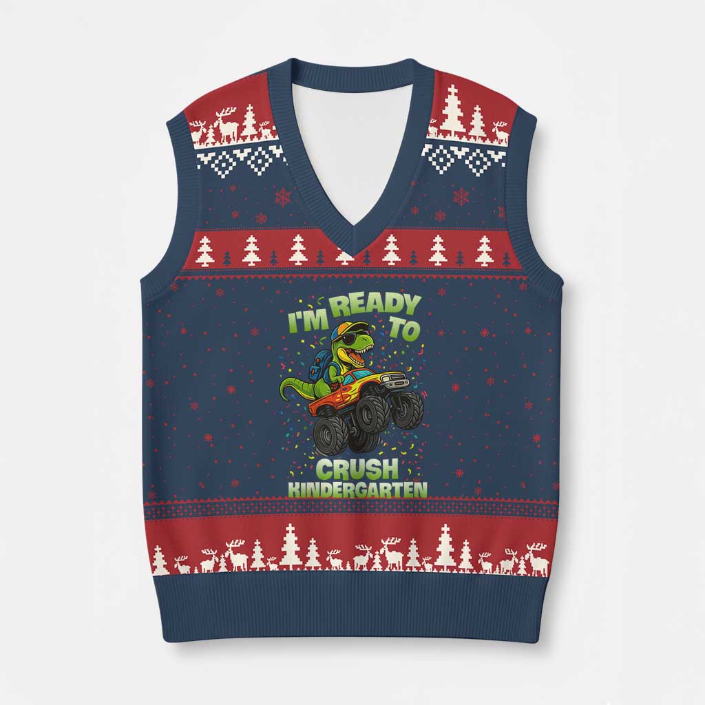 Back To School Boy Dinosaur V-Neck Knit Sweater Vest I Am Ready To Crush Kindergarten - Wonder Print Shop