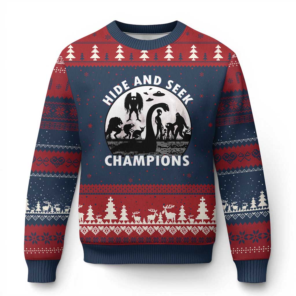 Hide And Seek Champions Ugly Christmas Sweater Funny Cryptid Cryptozoology - Wonder Print Shop