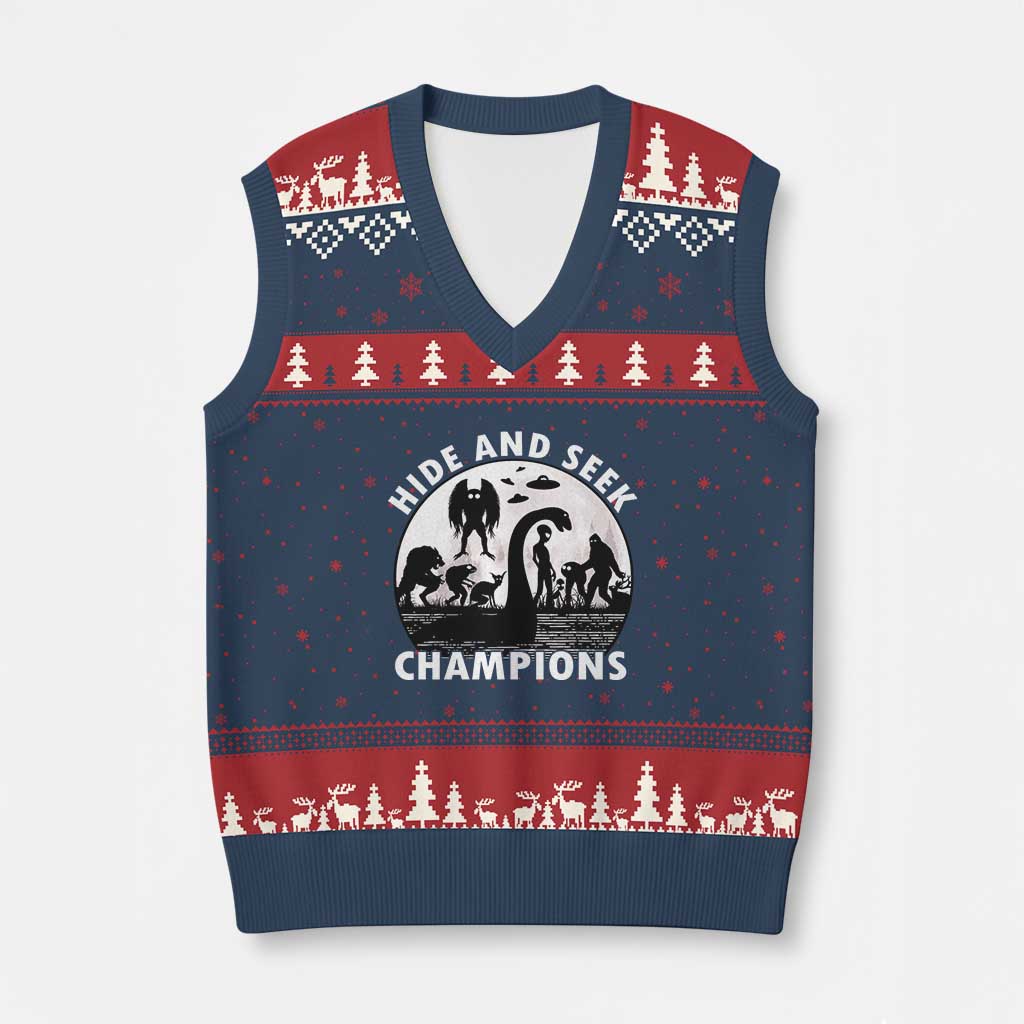 Hide And Seek Champions V-Neck Knit Sweater Vest Funny Cryptid Cryptozoology - Wonder Print Shop