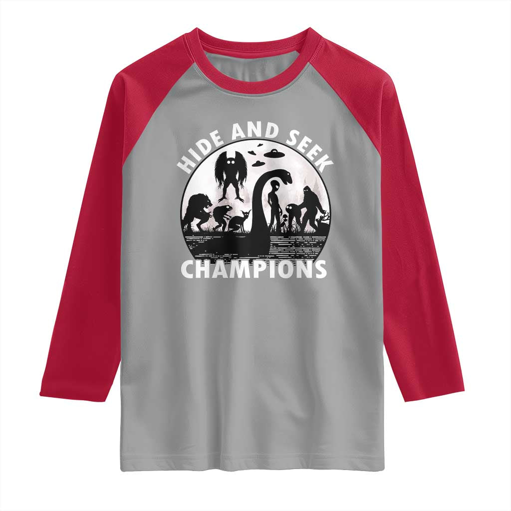 Hide And Seek Champions Raglan Shirt Funny Cryptid Cryptozoology - Wonder Print Shop