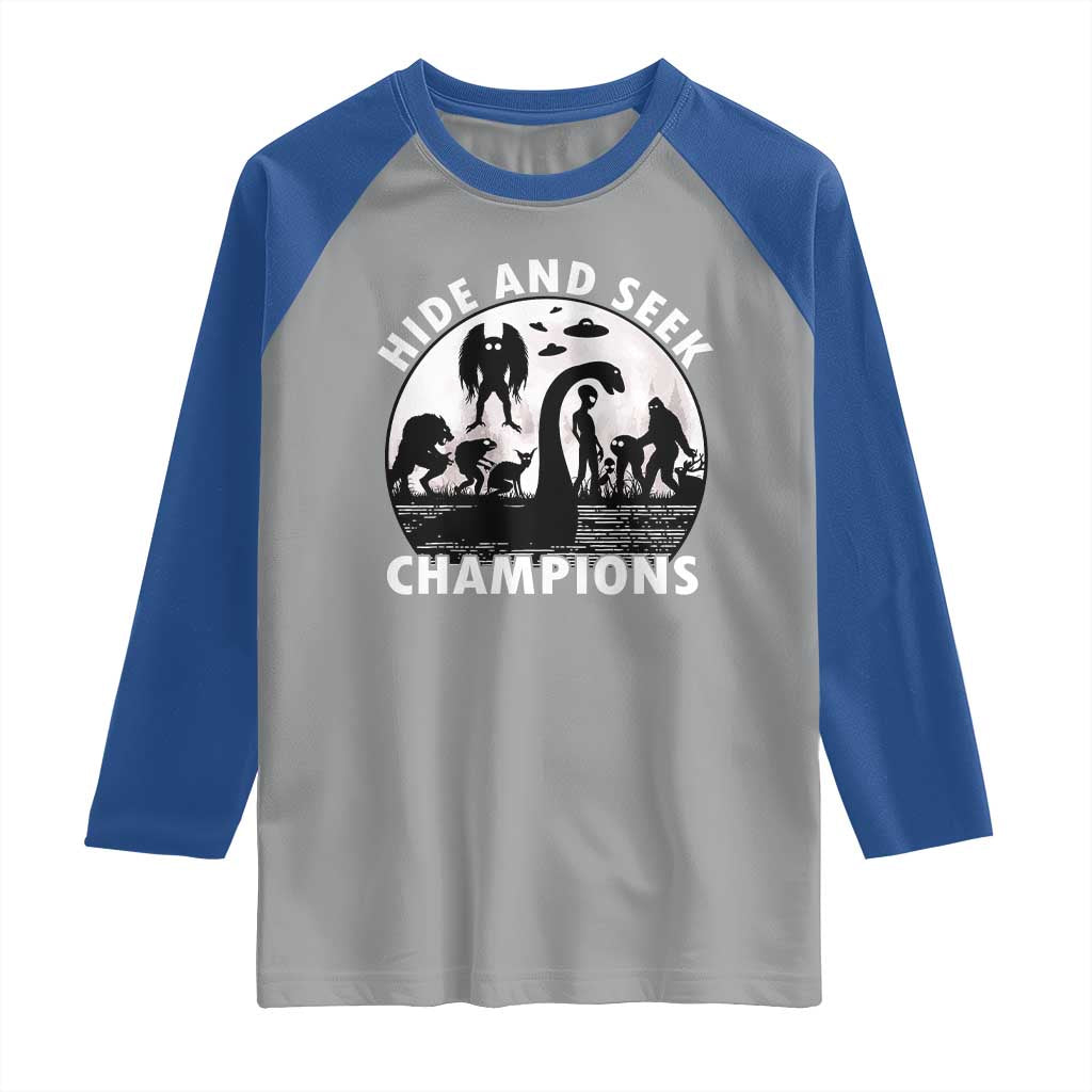 Hide And Seek Champions Raglan Shirt Funny Cryptid Cryptozoology - Wonder Print Shop