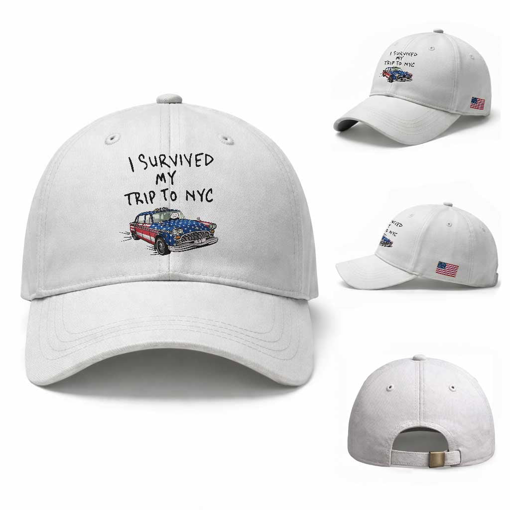 I Survived My Trip to NYC Baseball Cap Funny New York City USA Flag Taxi Meme Gift