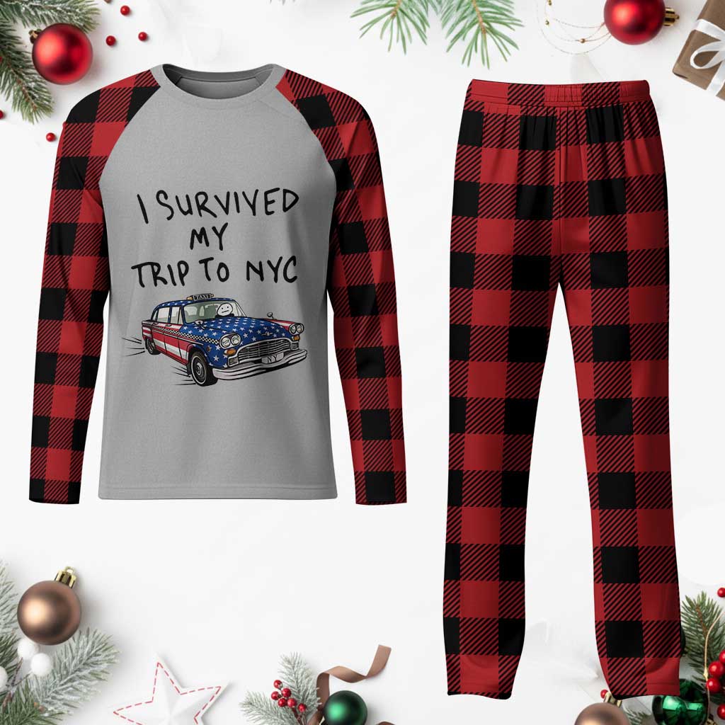 I Survived My Trip to NYC Plaid Pajama Set Funny New York City USA Flag Taxi Meme Gift