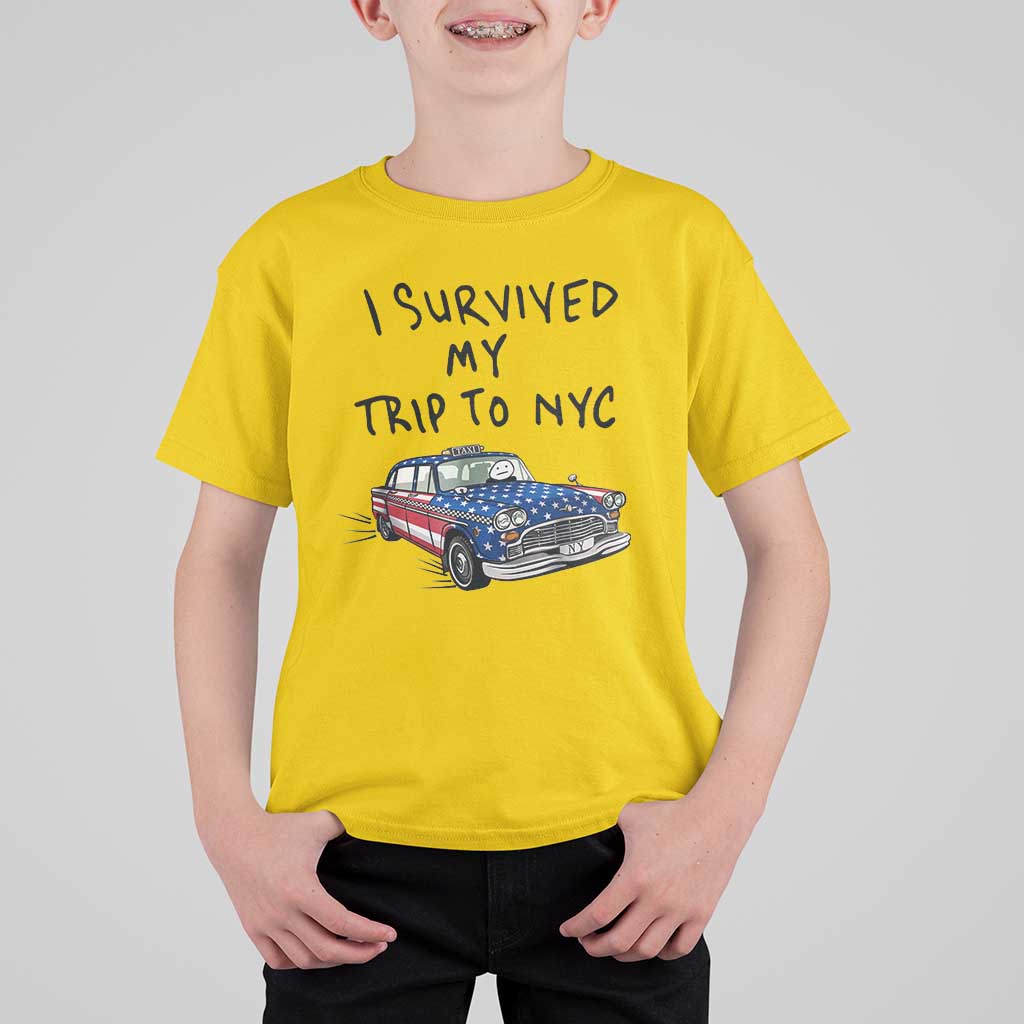 I Survived My Trip to NYC T Shirt For Kid Funny New York City USA Flag Taxi Meme Gift
