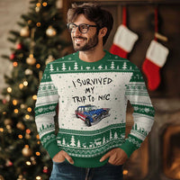 I Survived My Trip to NYC Ugly Christmas Sweater Funny New York City USA Flag Taxi Meme Gift